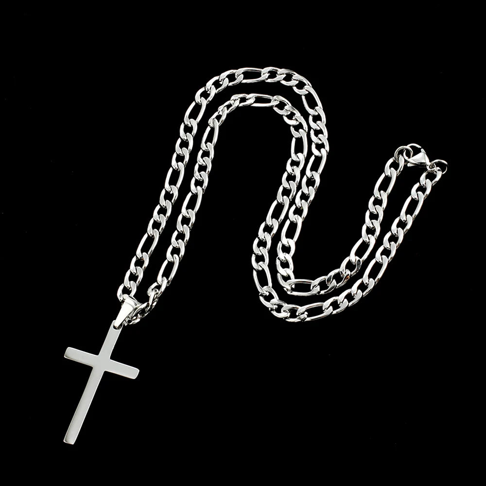 316L Stainless Steel Figaro Chain Necklace for Men Women Gold/ Silver Color Cross Pendant Waterproof Necklaces Fashion Jewelry