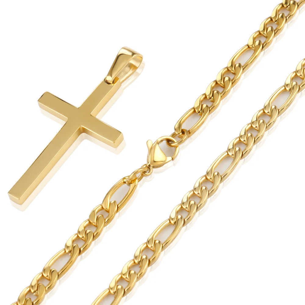 316L Stainless Steel Figaro Chain Necklace for Men Women Gold/ Silver Color Cross Pendant Waterproof Necklaces Fashion Jewelry