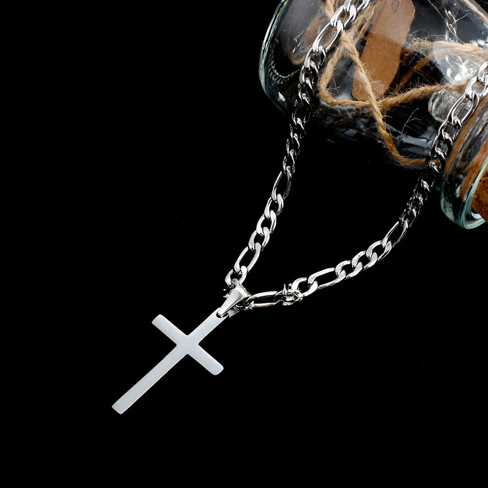 316L Stainless Steel Figaro Chain Necklace for Men Women Gold/ Silver Color Cross Pendant Waterproof Necklaces Fashion Jewelry