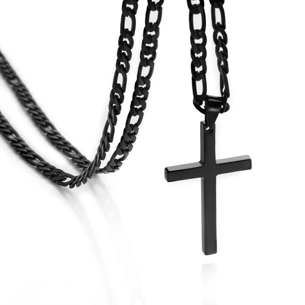 316L Stainless Steel Figaro Chain Necklace for Men Women Gold/ Silver Color Cross Pendant Waterproof Necklaces Fashion Jewelry